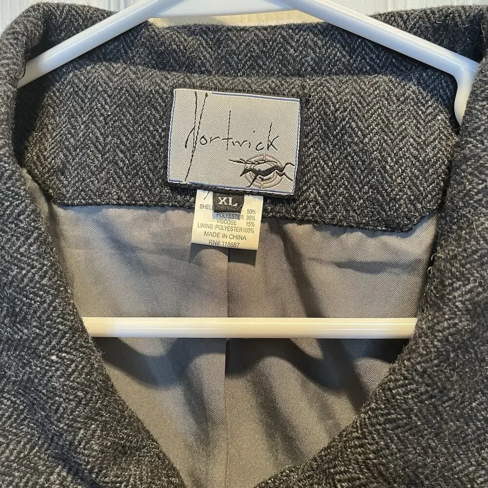 Men's Gray Double Breast Wool Blend Pea Coat Size XL Herringbone Tweed